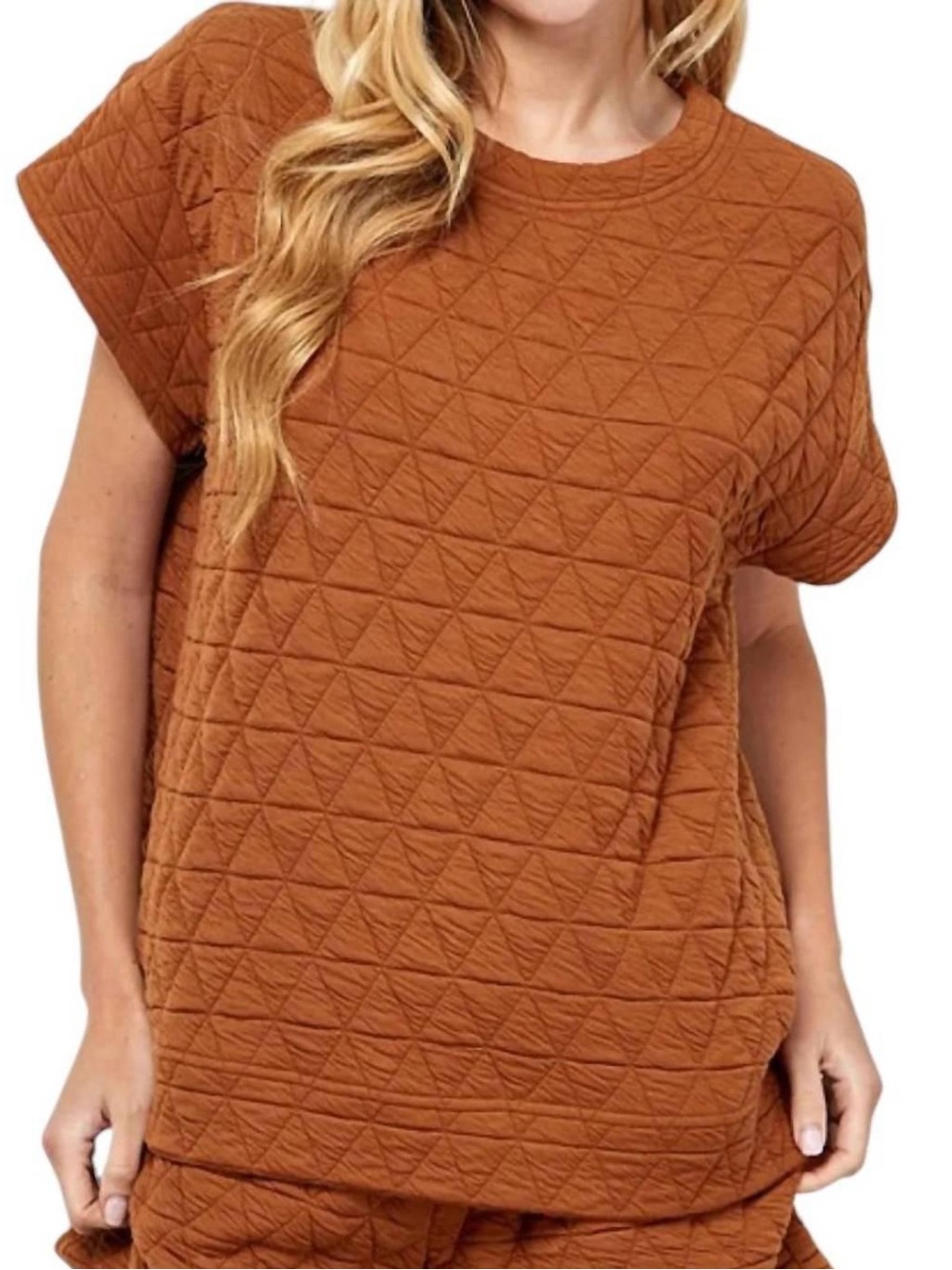 See and Be Seen Quilted Short Sleeve Boxy Sweatshirt Tee | Cognac Brown | Small